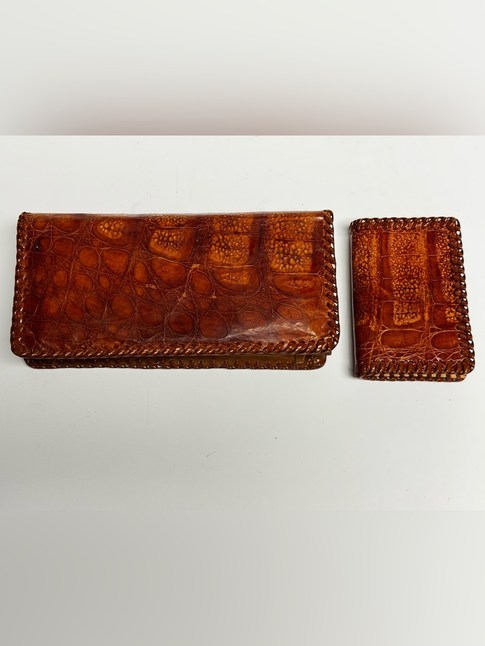 Vintage Real Alligator Leather Wallet & Coin Purse Set Made in Cuba Cognac Brown